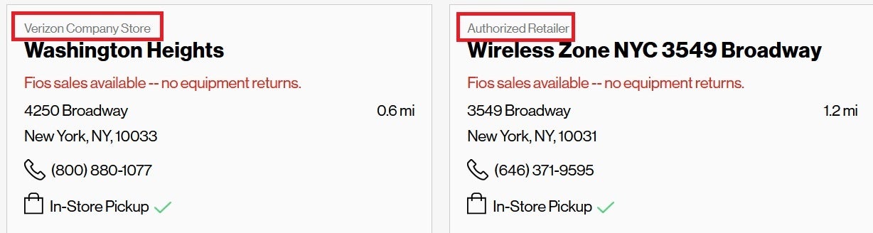 Verizon mağaza bulma aracı, şirkete ait bir mağaza ile yetkili bir perakendeci arasında ayrım yapar.