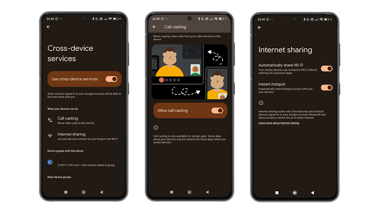 Çağrı yönlendirme ve internet paylaşımı da dahil olmak üzere birden fazla cihaza yönelik Google hizmetleri ayarlarını gösteren üç akıllı telefon ekranı.
