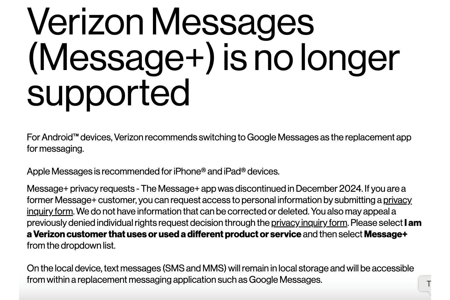 Verizon Mesajları+ kapatılıyor