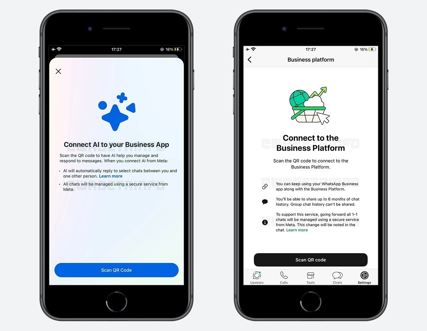 iPhone'daki WhatsApp Business uygulamasının iki ekran görüntüsü.