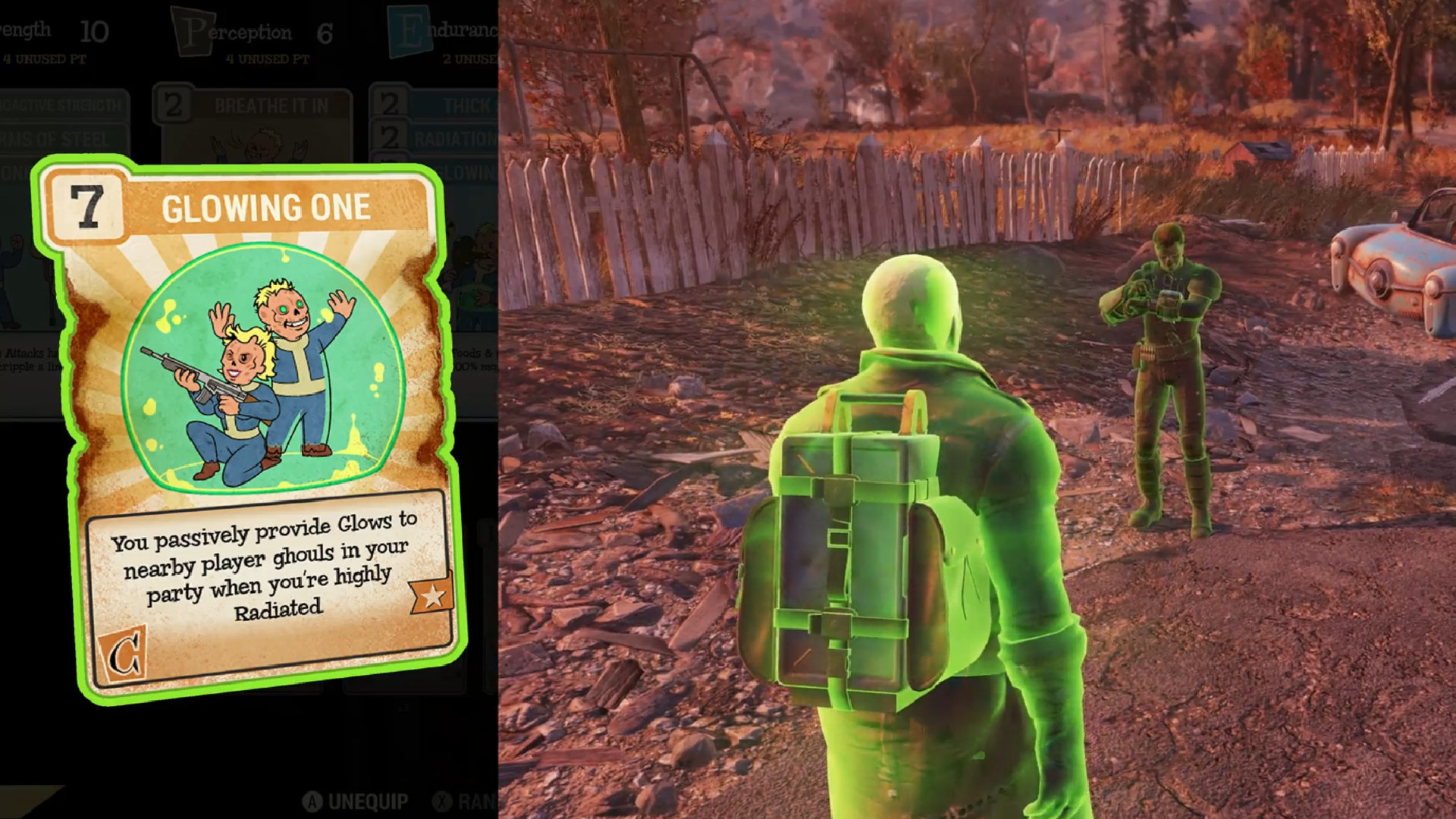 Fallout 76 oynanabilir gulyabani güncellemesi - The Glowing One avantaj kartı, yakındaki oyuncu gulyabanilere pasif Parıltılar sağlıyor.