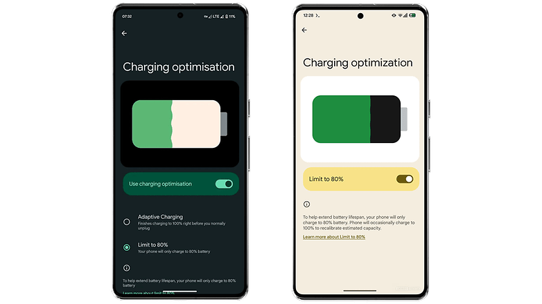 İki akıllı telefon, pil şarj optimizasyonuna yönelik ayarları gösteriyor.