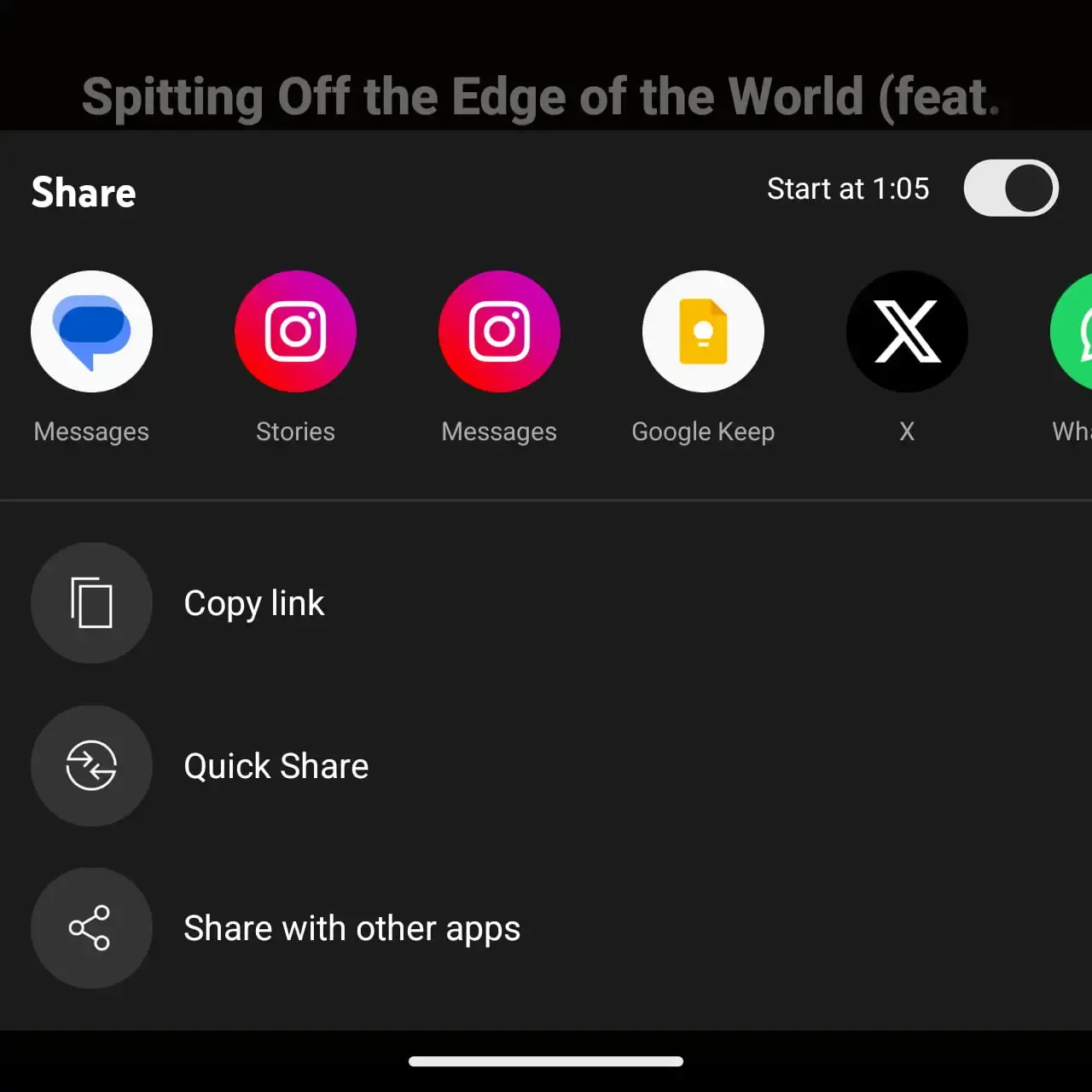 YouTube Music'teki yeni zaman damgası paylaşım seçeneğini gösteren ekran görüntüsü.