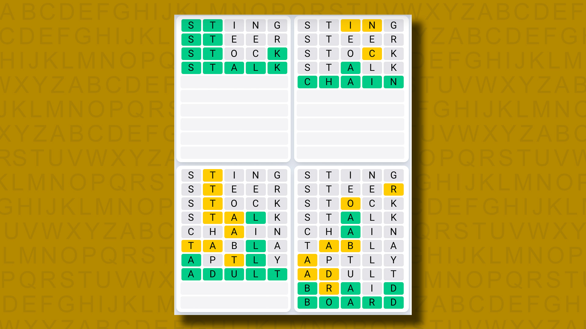 Sarı arka planda 1073 numaralı oyunun Quordle Günlük Dizisi yanıtları