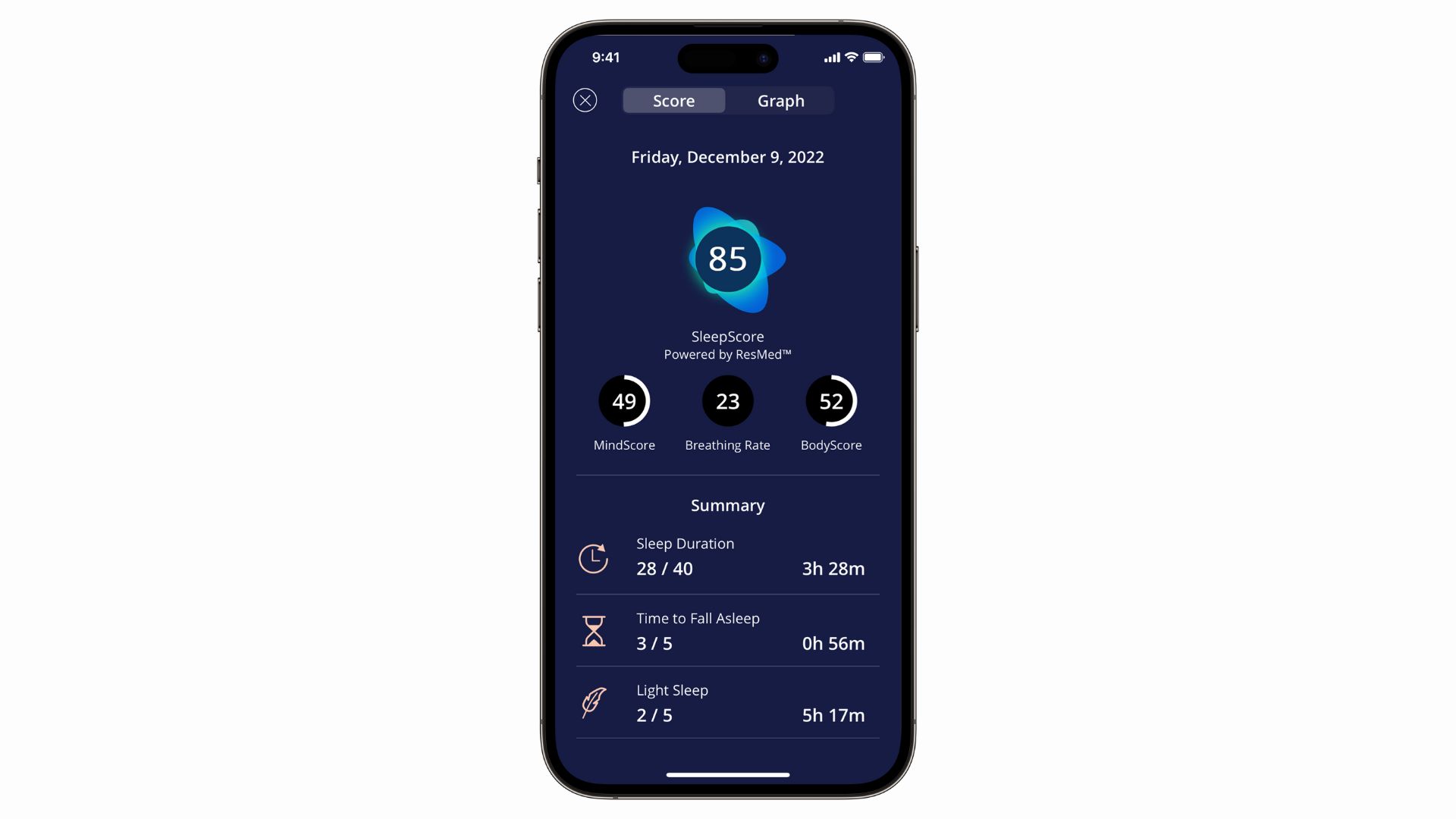 Uykuyla ilgili farklı bilgiler sunan SleepScore uygulamasını gösteren bir telefon