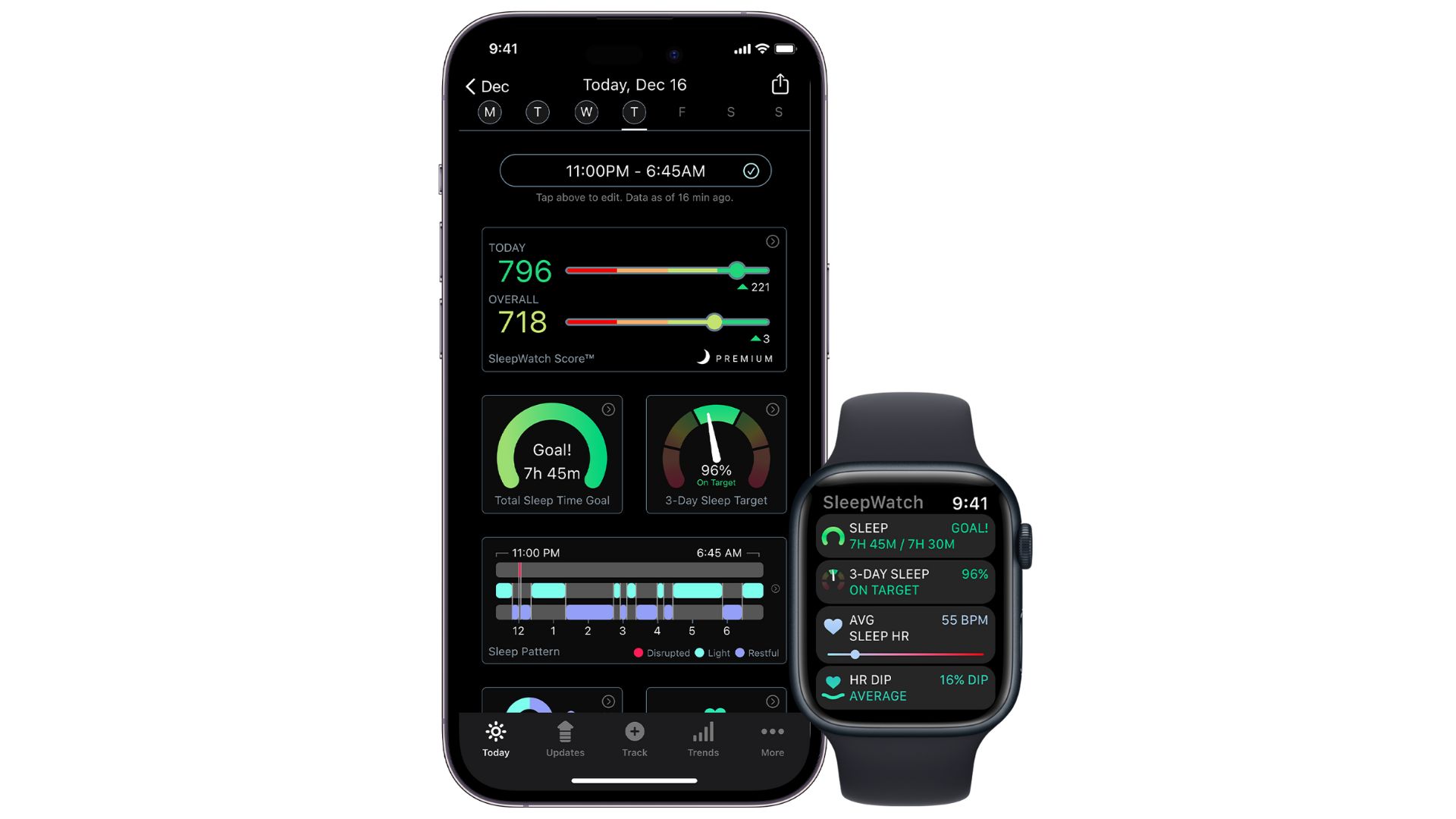 SleepWatch uygulamasını kullanımda gösteren, kayan ölçekler ve uyku bilgileri diyagramlarıyla birlikte gösteren bir telefon ve akıllı saat