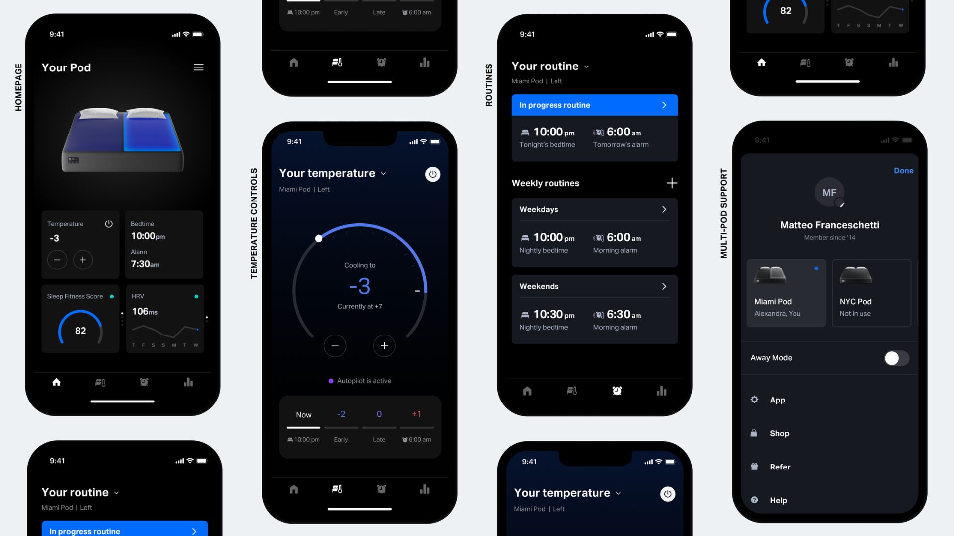 Sekiz Uyku uygulamasının farklı uyku analizleriyle kullanıldığını gösteren birden fazla telefon
