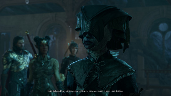 baldurs-gate-3-en iyi-npcs-kardeş-lindwin Korse benzeri bir şapka takan korkunç bir ölümsüz hemşire