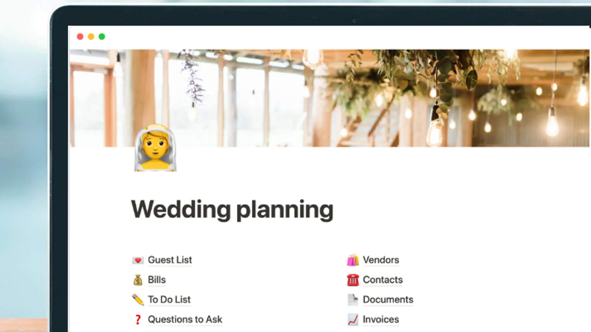 Notion'da bir düğün planlamacısını gösteren bir dizüstü bilgisayar ekranı