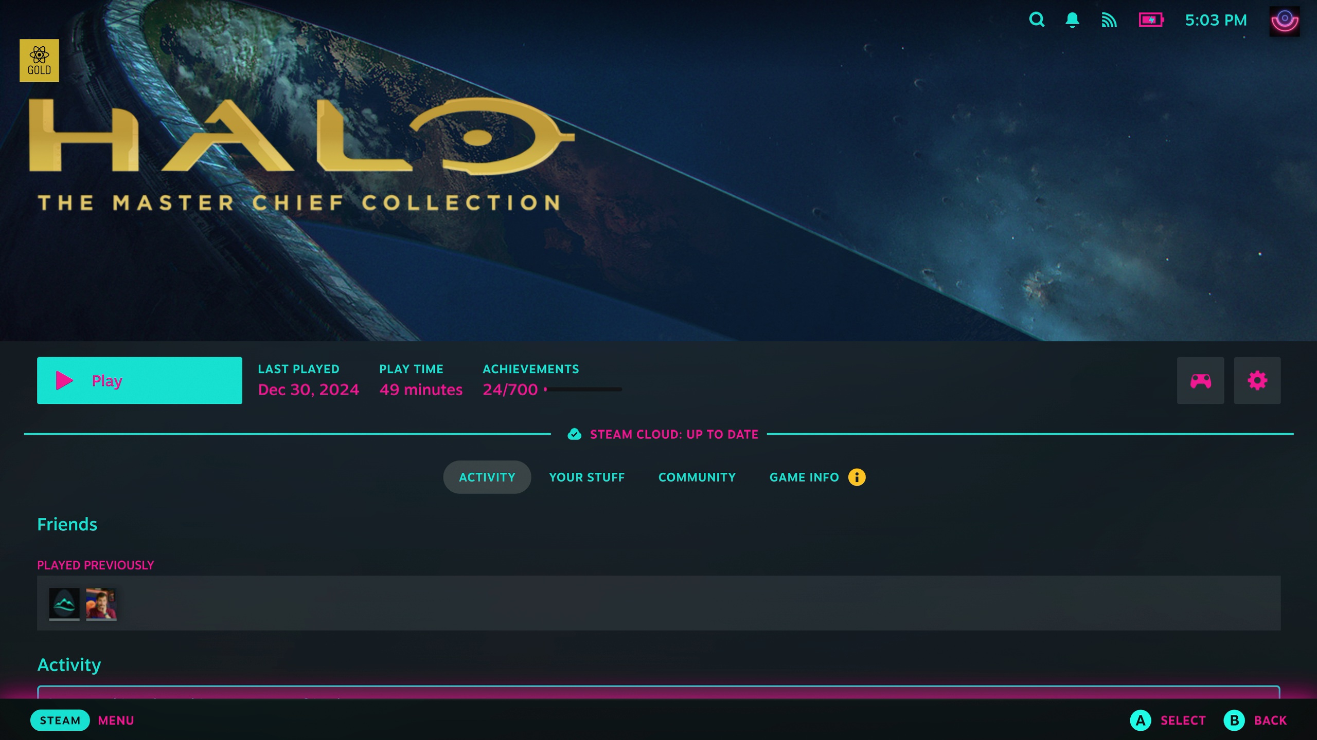 Uyumluluk için Altın ProtonDB rozetine sahip Halo: MCC'yi gösteren Steam Destesi.