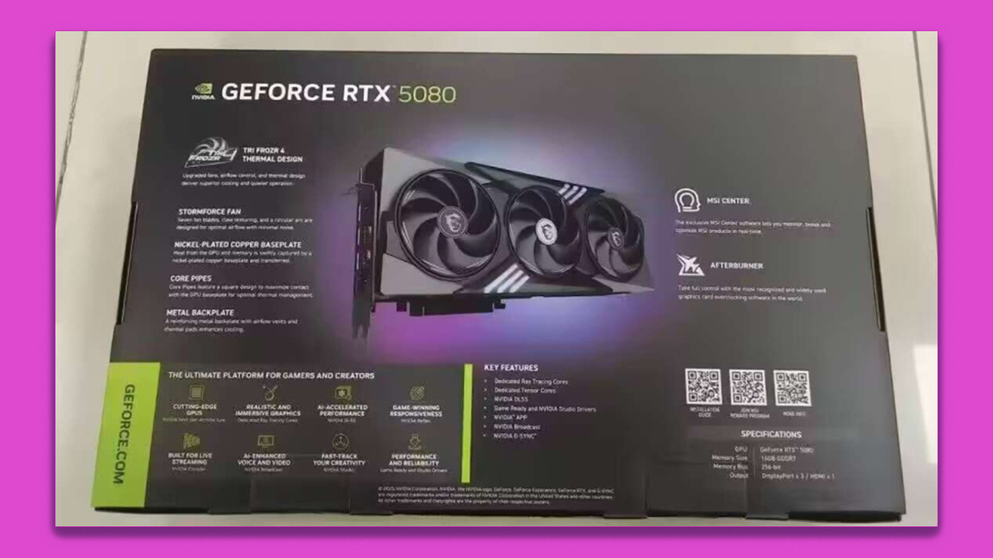 MSI Gaming Trio RTX 5080 grafik kartı için iddia edilen perakende ambalaj