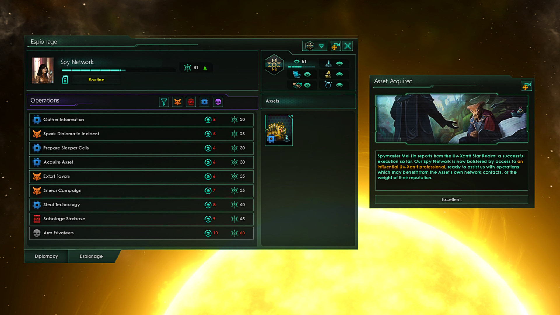 Stellaris-casusluk-anket-casus-ağ-paradoks Stellaris - Bir oyuncunun Casus Ağının Operasyonlar menüsü.