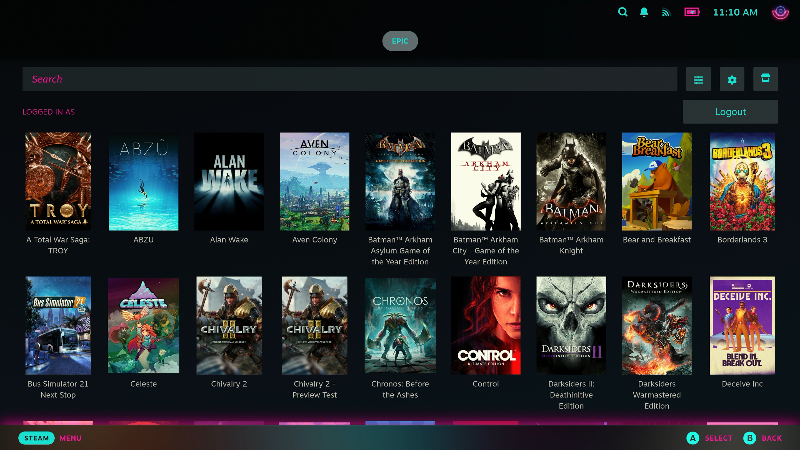 Decky Loader için Junk-Store eklentisini kullanan Steam Deck'teki bir Epic Games kütüphanesi.