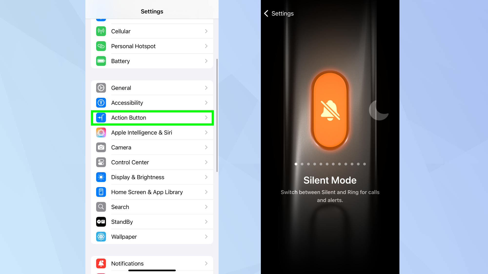 Aramaları ve bildirimleri susturmak için iPhone 16 işlem düğmesini ayarlama 