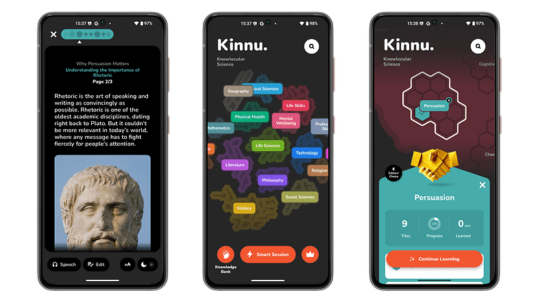 Üç akıllı telefon ekranı, ikna ve retorik içerikli Kinnu uygulamasını gösteriyor. Üç akıllı telefon ekranı, ikna ve retorik içerikli Kinnu uygulamasını gösteriyor.
