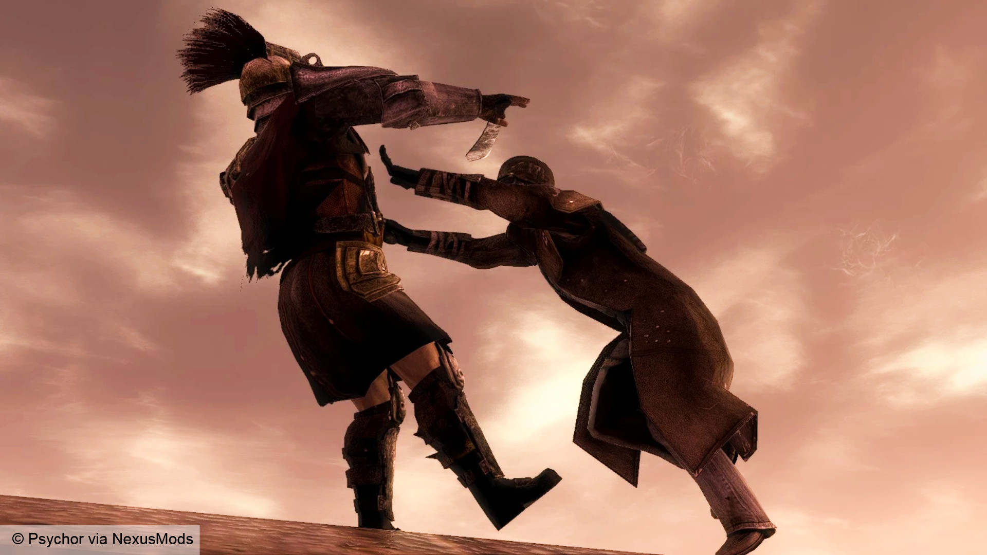 serpinti-yeni-vegas-mod-yakın mesafe-savaş-yakın dövüş silahları-silahsız-fnv-pc-rpgs Fallout New Vegas CQC modu - Bir kişi diğerini iki eliyle bedensel olarak geri iter.