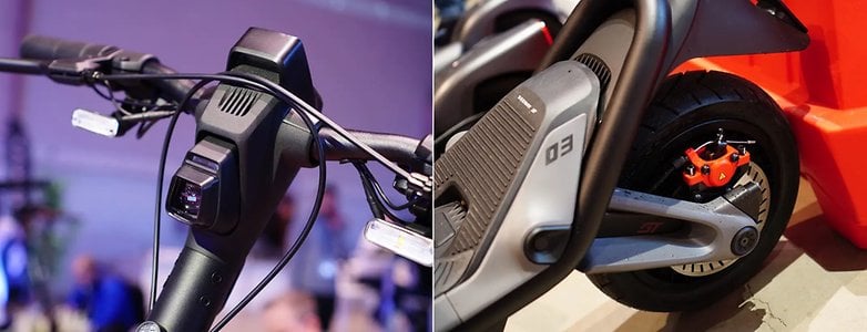 Kırmızı fren silindirli 3. nesil Segway Ninebot'un kolu ve tekerleğinin yakından görünümü.