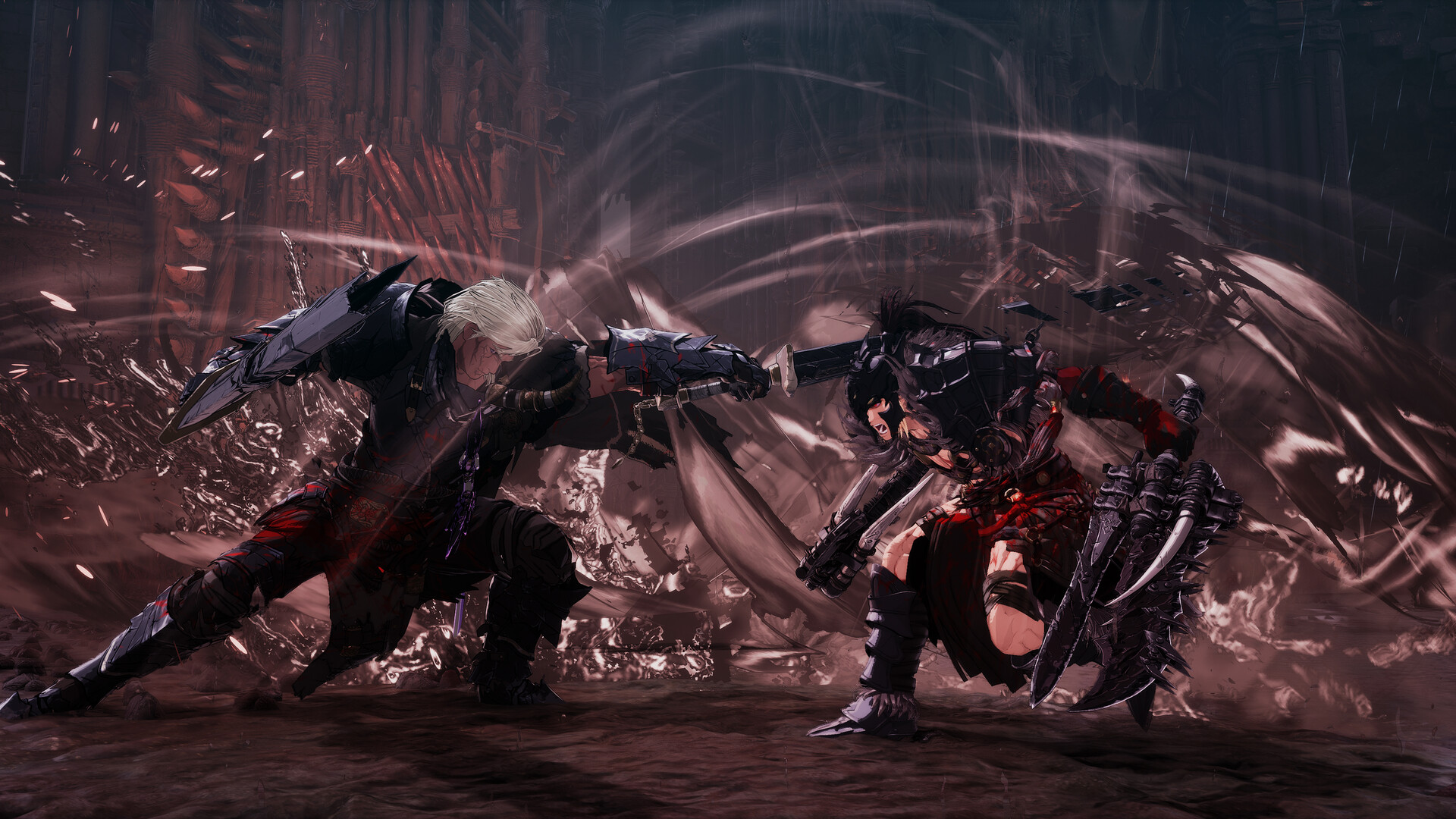 ilk-berserker-hazan-yeni-steam-demo Anime tarzında çizilmiş siyah zırhlı iki savaşçı bir mağarada çarpışıyor, rüzgar etraflarında dönüyor
