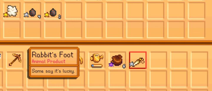 Stardew Vadisi'nde tavşan ayağı bulunan bir envanter.