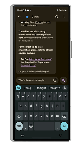 Woodley yangını ve yangınına ilişkin güncel bilgileri gösteren Google Gemini arayüzünün ekran görüntüsü