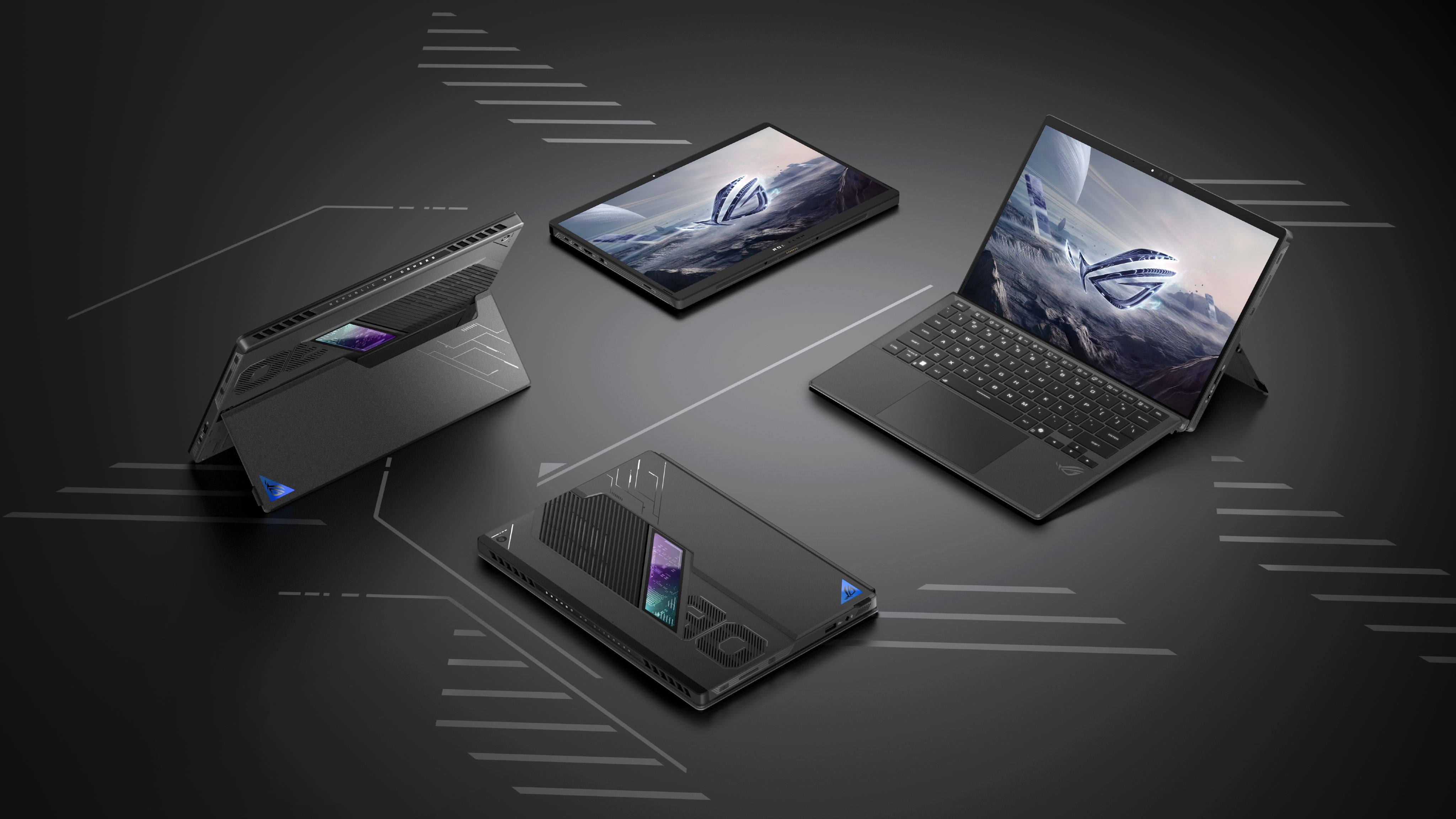 ASUS ROG Flow Z13 (2025), klavyesi takılıyken dik, klavyesi çıkarılmış haldeyken, ekranı yukarıdayken yatarken ve arkası yukarıdayken yatarken olmak üzere dört konumda.