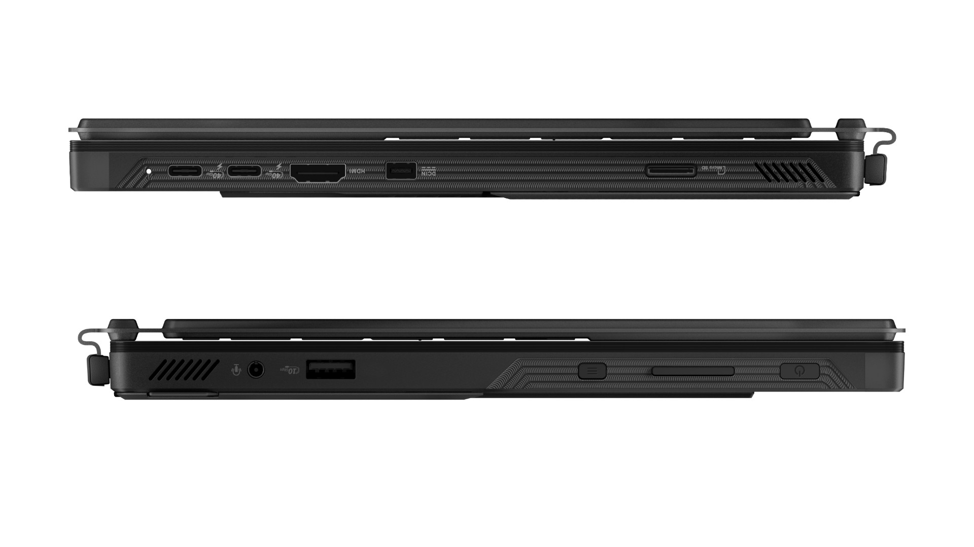 Üstte soldan sağa iki adet USB Type-C 4.0 bağlantı noktası, bir HDMI 2.1 bağlantı noktası, bir 200W DC bağlantı noktası ve bir microSD kart yuvası; soldan sağa, altta, bir 3,5 mm ses girişi, bir USB Type-A 3.2 Gen 2 bağlantı noktası, bir Komuta Merkezi düğmesi, bir ses seviyesi düğmesi ve bir güç düğmesi.