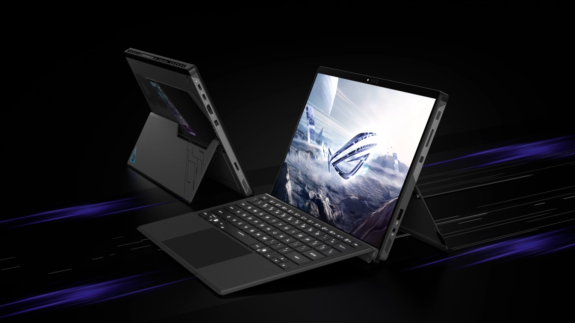 ASUS ROG Flow Z13 (2025) iki konumda; biri klavyesi takılı ve ekranı öne dönük, diğeri klavyesi ayrılmış ve ekranı geriye dönük.