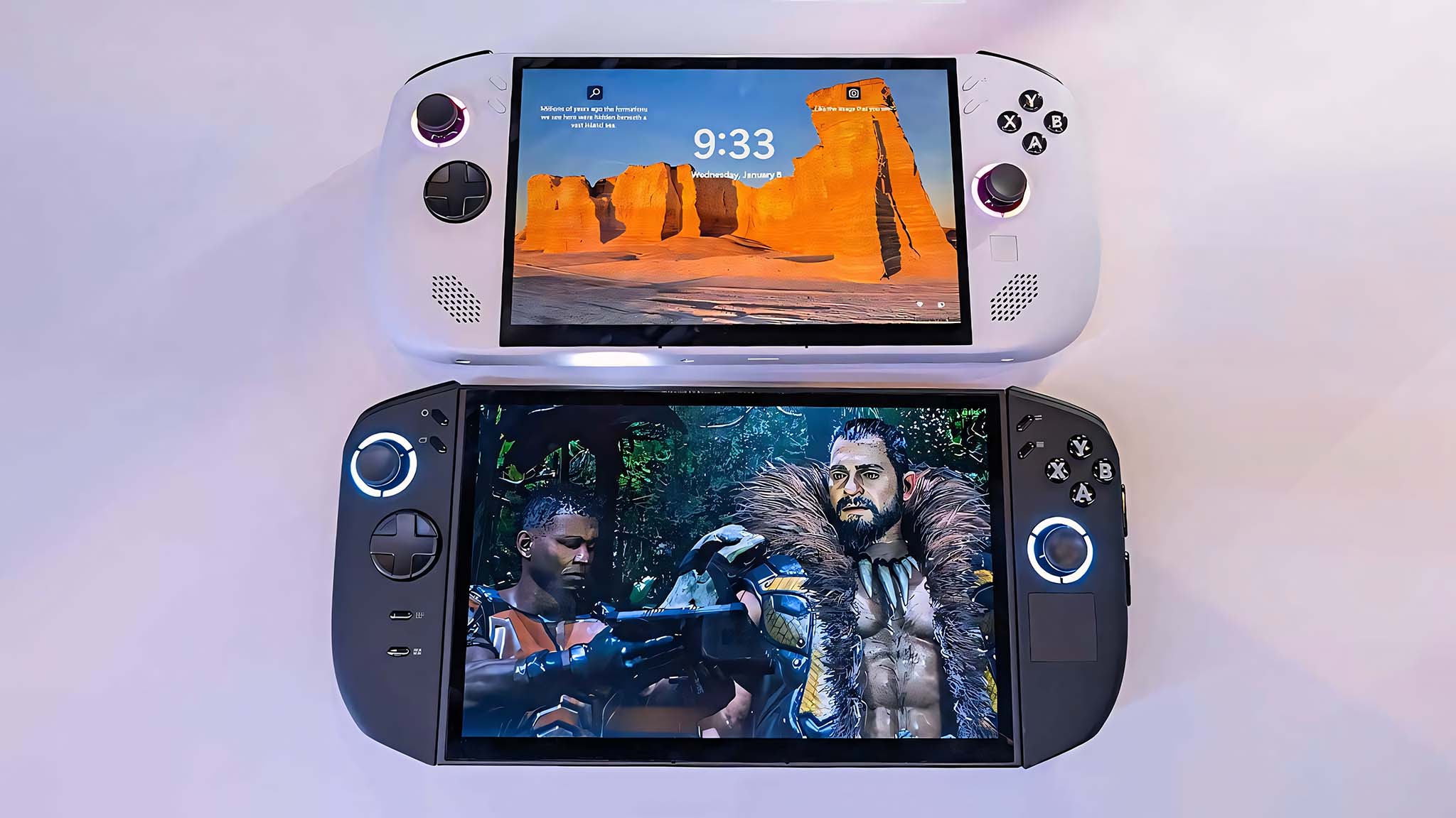 Lenovo Lejyonun önden görünümü Legion Go 2'nin üstünde.
