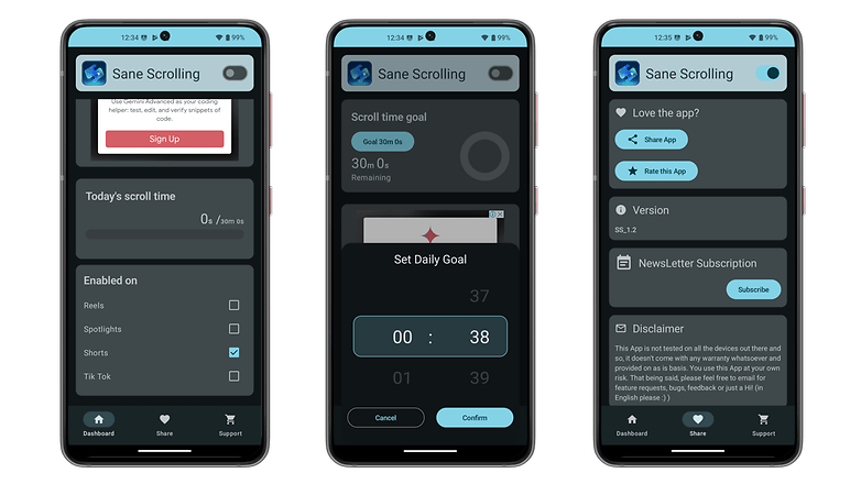 Kaydırma süresi ayarları ve seçenekleriyle Sane Scrolling uygulama arayüzünü gösteren üç akıllı telefon ekranı. Kaydırma süresi ayarları ve seçenekleriyle Sane Scrolling uygulama arayüzünü gösteren üç akıllı telefon ekranı.