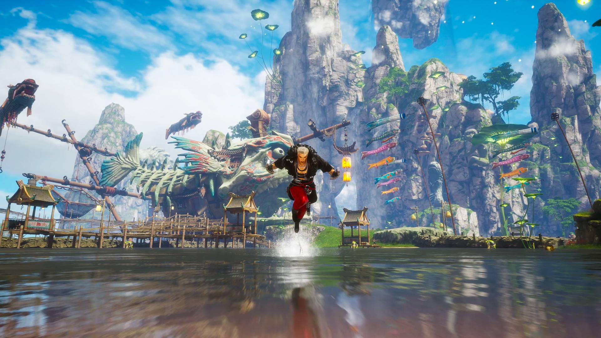 Unutulan 2012 MMORPG Blade and Soul, nefes kesici yeni bir yenilenmeye kavuşuyor: Siyah kürk astarlı bir pelerin ve kırmızı pantolon giyen bir adam, suyun üzerinde havada hızla ilerliyor, arkasında dağlık bir şehir manzarası var