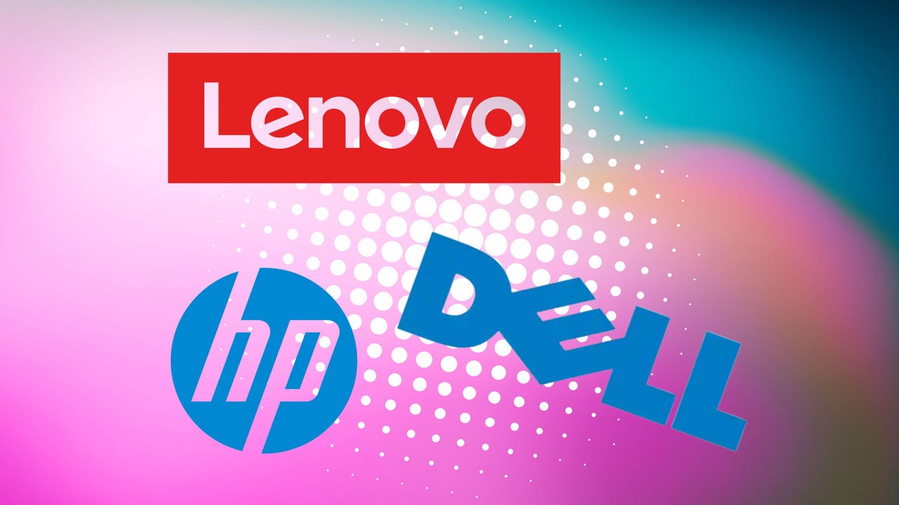 Renkli bir arka planda AI PC üreticilerinin logoları