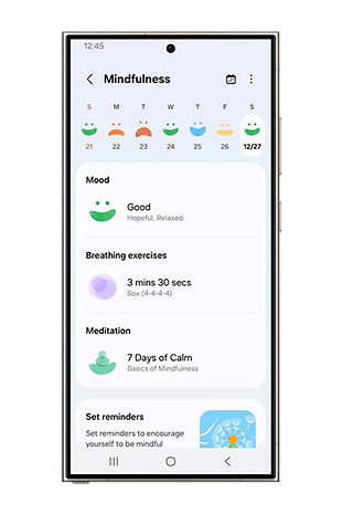 Samsung Health uygulamasının farkındalık ekranı ruh hali ve nefes egzersizlerini gösteriyor.