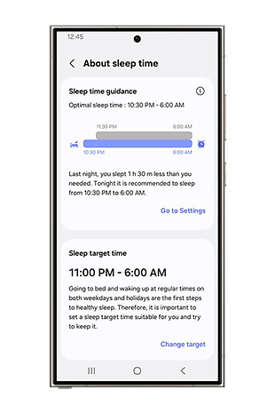 Samsung Health uygulaması ekranı uyku süresi rehberliğini gösterir.