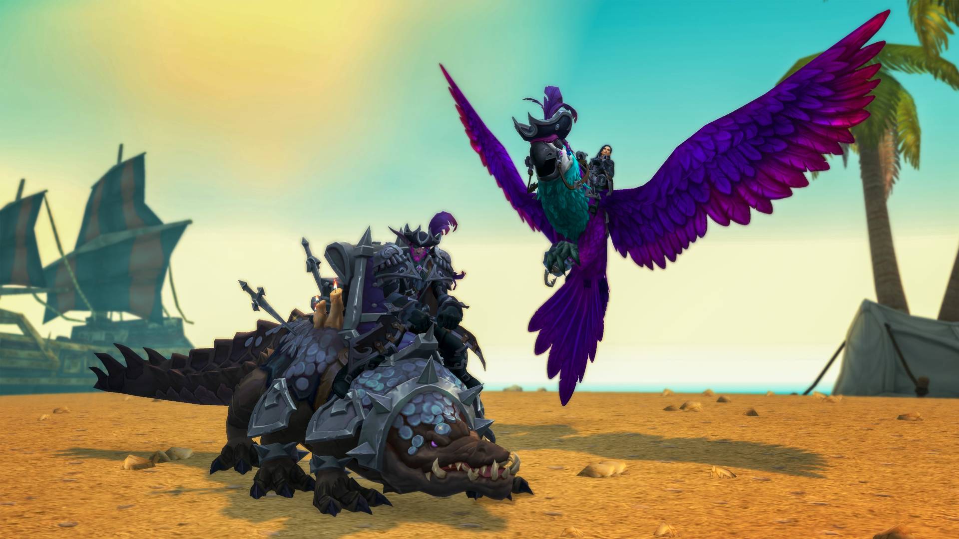 İki World of Warcraft karakteri; biri iri bir timsahın üzerindeyken diğeri korsan şapkalı mor ve mavi kocaman bir papağanın üzerinde uçuyor