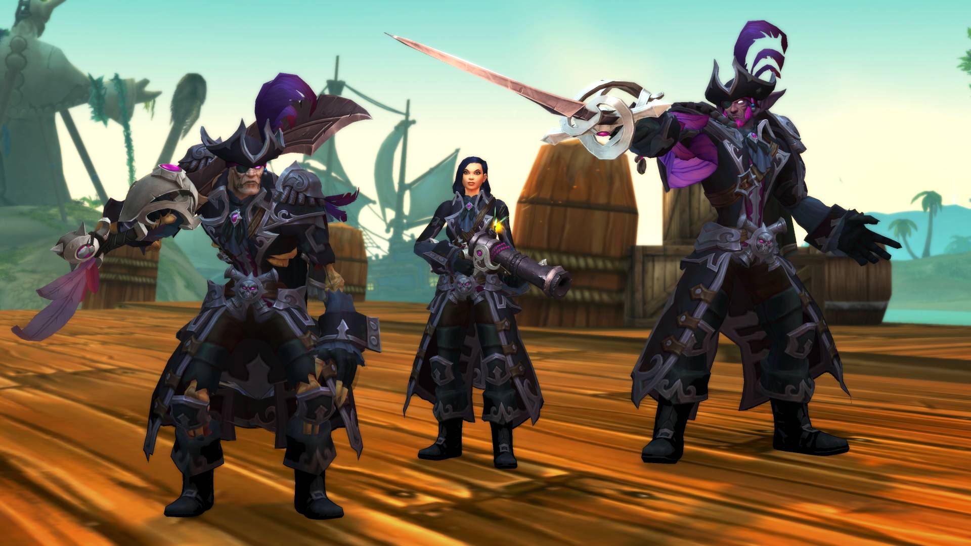 Bir korsan gemisinin pruvasında duran siyah ve mor korsan temalı teçhizat giyen World of Warcraft karakterlerinin görüntüsü