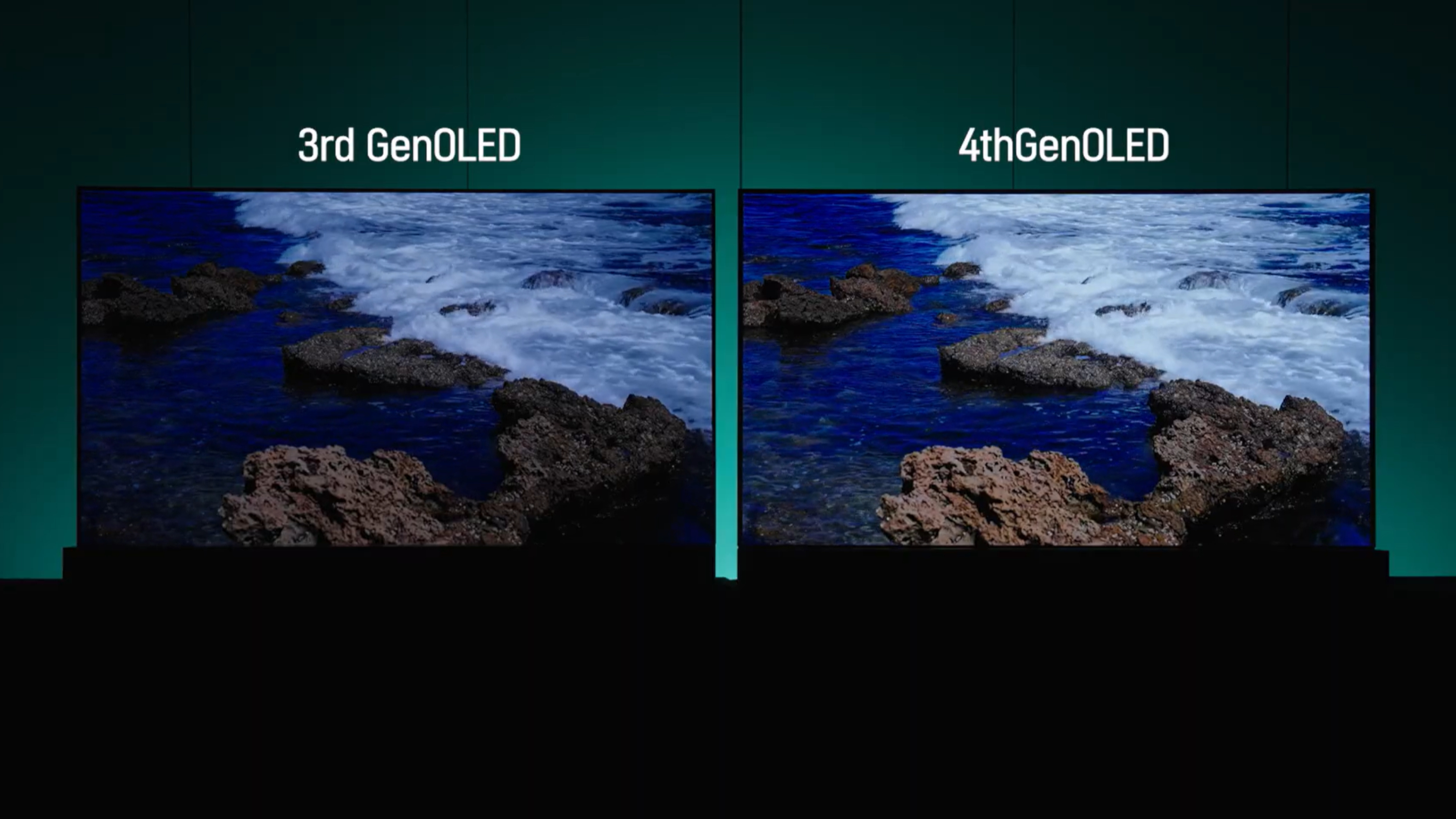 Üçüncü nesil LG Display OLED paneli (solda) ile dördüncü nesil LG Display OLED panelinin (sağda) yan yana karşılaştırması. Her iki panel de kıyı şeridindeki kayalara çarpan dalgaları gösteriyor ancak sağdaki resim, gelişmiş gölge ayrıntılarıyla önemli ölçüde daha parlak.