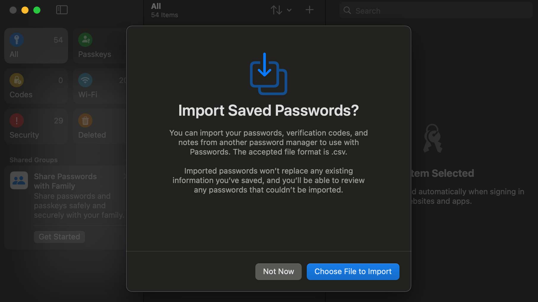 Kayıtlı parolalarınızı Apple Parolalarına aktarmak isteyip istemediğinizi soran bir istem