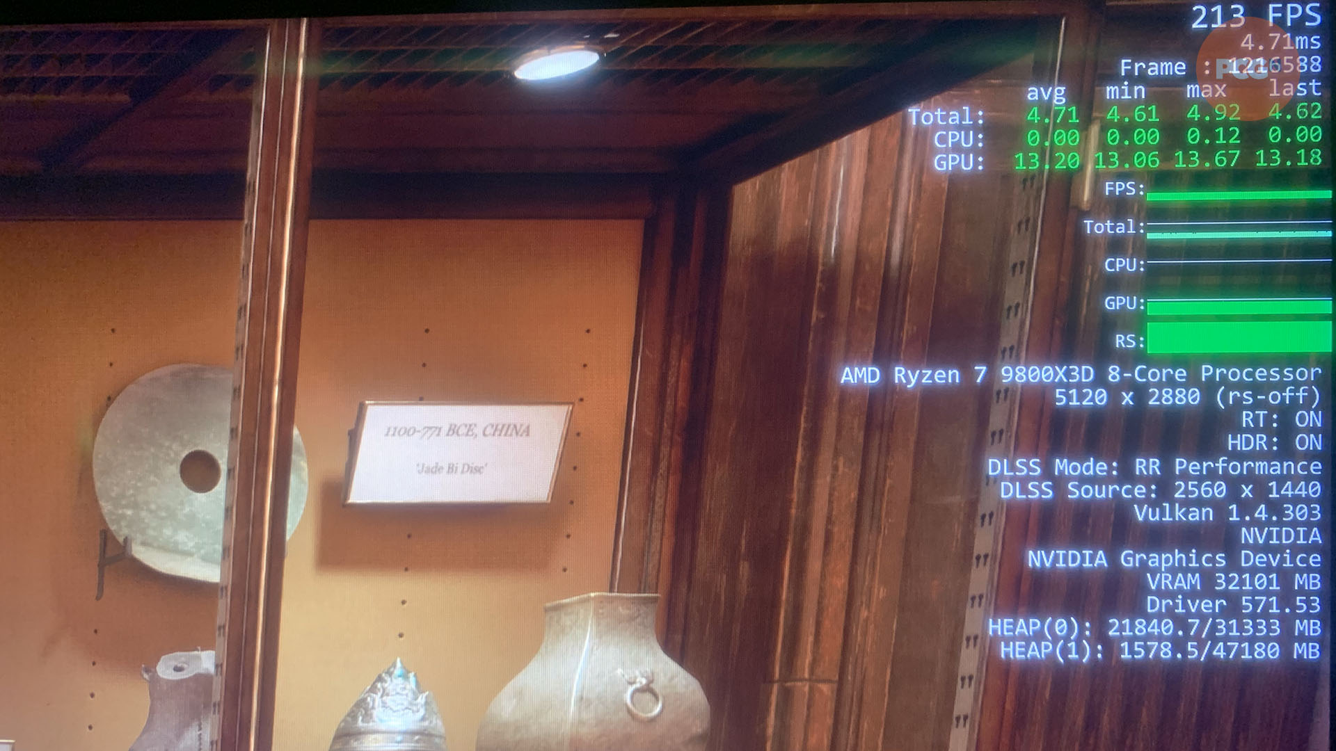 indiana-jones-büyük-daire-rtx-5090-5k-kare hızı Indiana Jones ve Great Circle, CES'ten alınan, 213 fps'de DLSS 4 ile Nvidia GeForce RTX 5090 üzerinde 5K'da çalışıyor.