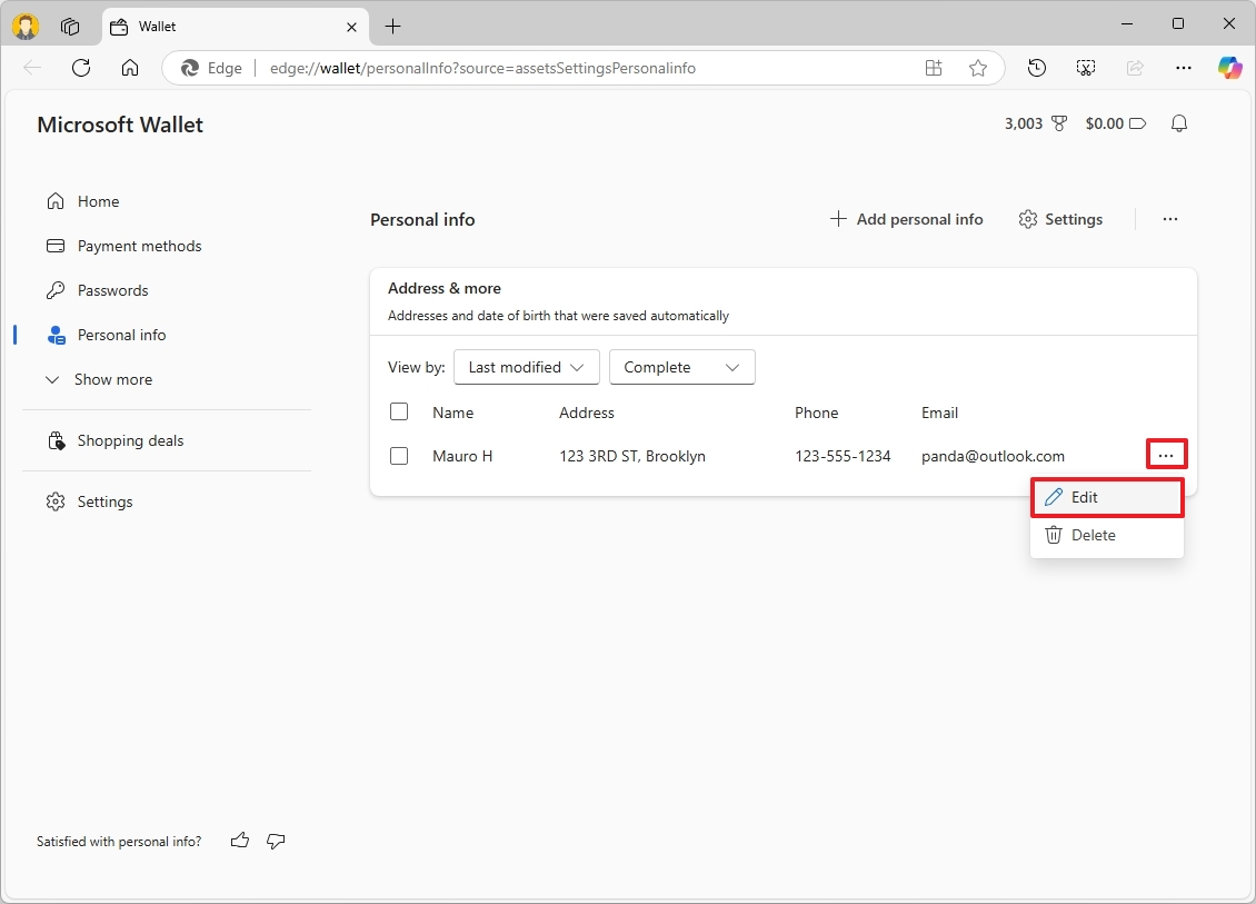 Edge kişisel bilgileri düzenle