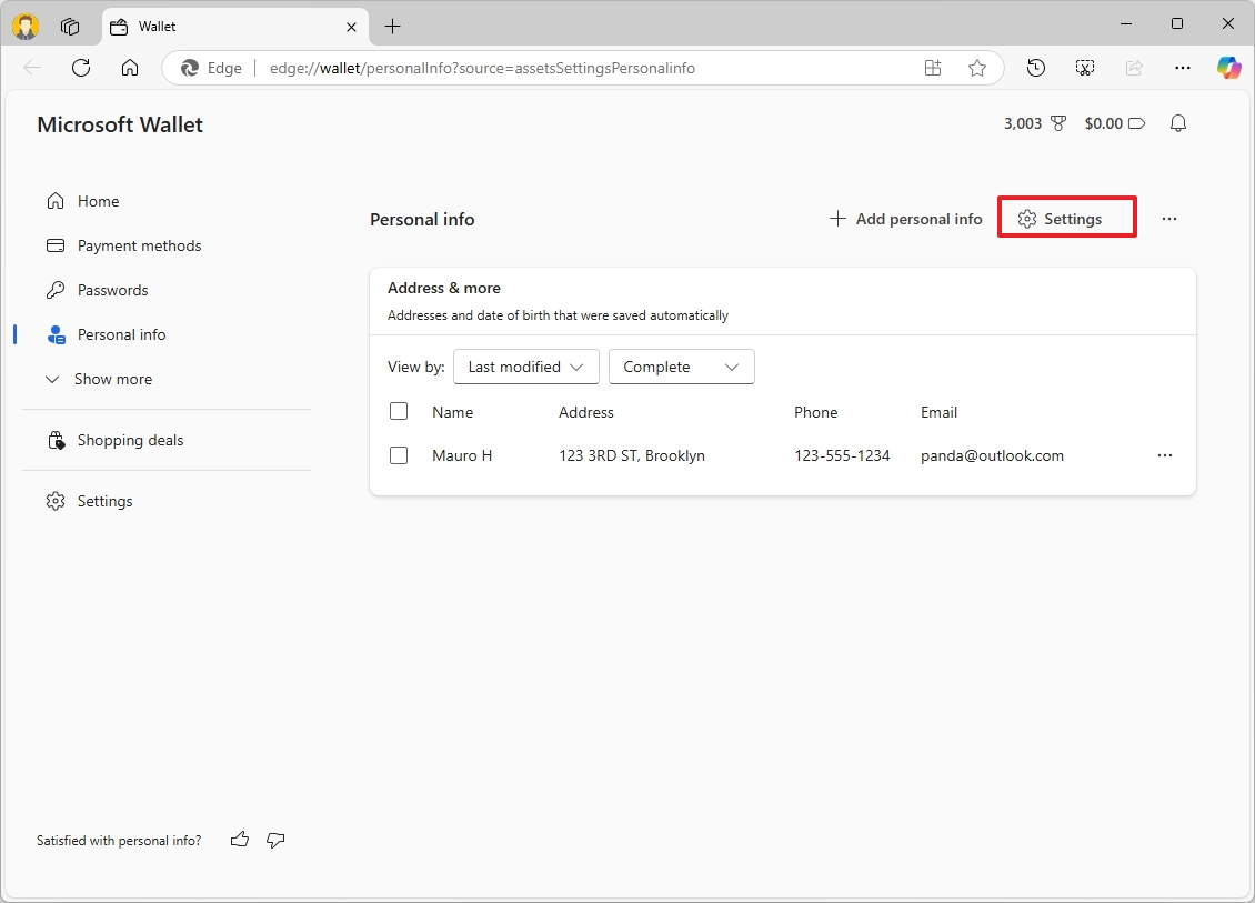 Microsoft Edge Cüzdan ayarları