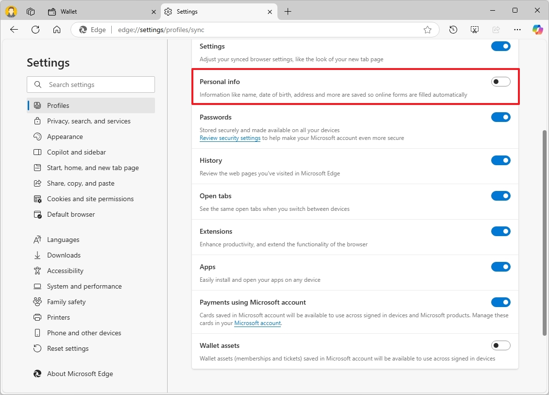 Microsoft Edge Kişisel bilgileri devre dışı bırak