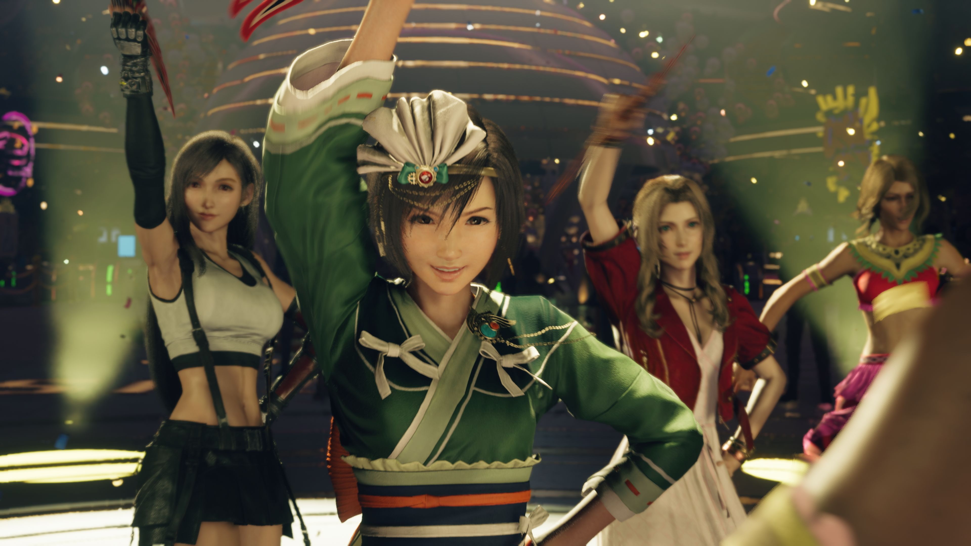 Yuffie, Aerith ve Tifa'nın Final Fantasy 7 Rebirth'te dans etmesinin tanıtım amaçlı ekran görüntüsü.