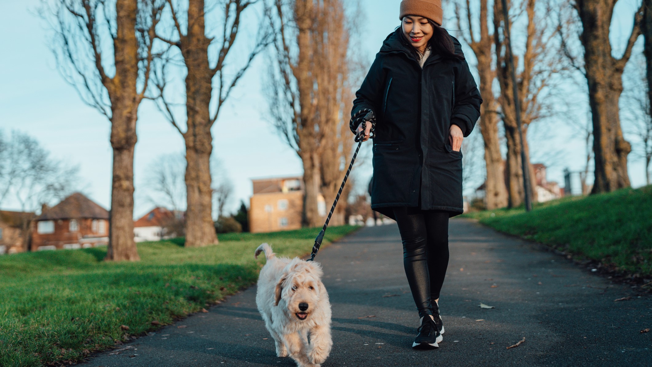 Bir parktan soğuk bir günde dışarıda bir köpek yürüyen kadın
