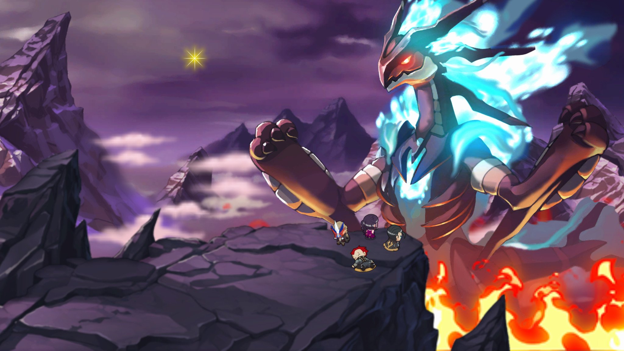 Nexomon: Extinction'da dünyayı yok eden bir Tyrant Nexomon'un tanıtım amaçlı ekran görüntüsü.