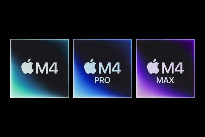 Siyah bir arka planda M4, M4 Pro ve M4 Max dahil olmak üzere Apple M4 serisi çipler.