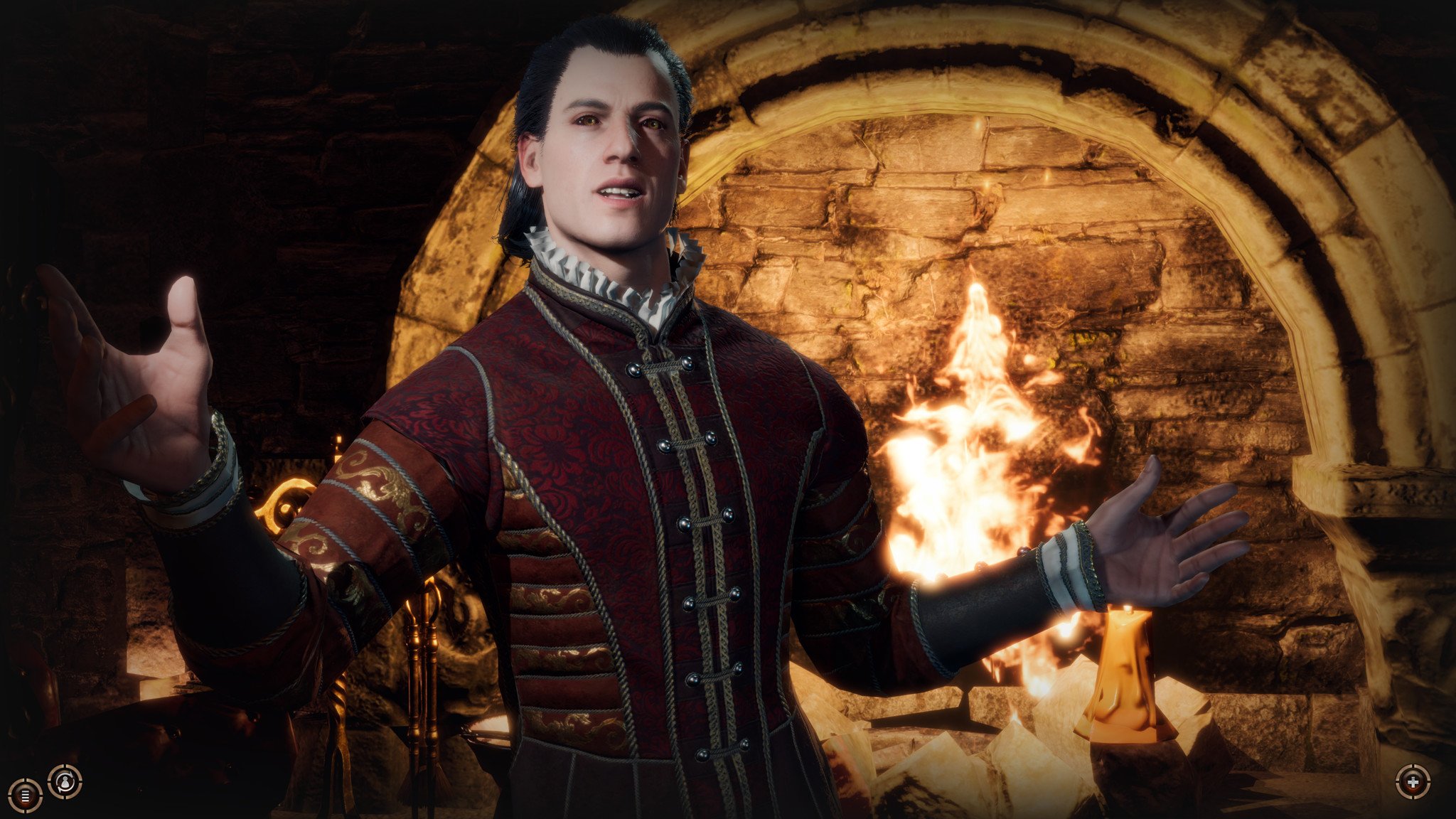 Baldur's Gate 3'te şöminenin önünde duran bir karakterin ekran görüntüsü.