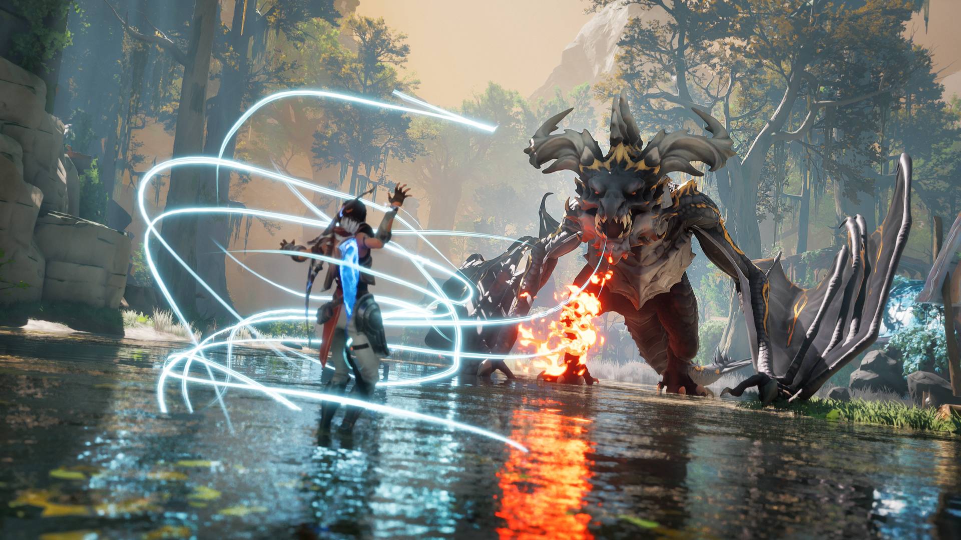ebedi-iplikler-yeni-steam-demo-aksiyon-macera-oyun-fantezi-rpg Bir su havuzunda duran, mavi ışık girdaplarıyla çevrili, ateş püskürten gri bir ejderhayla savaşan genç bir kadın