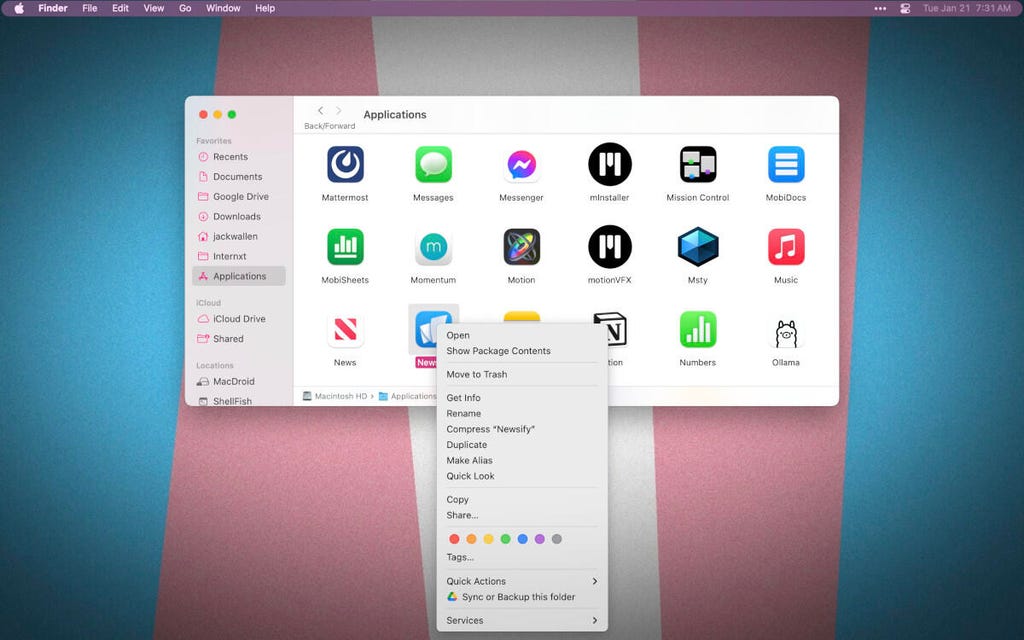 MacOS Finder'ın sağ tıklama menüsü.