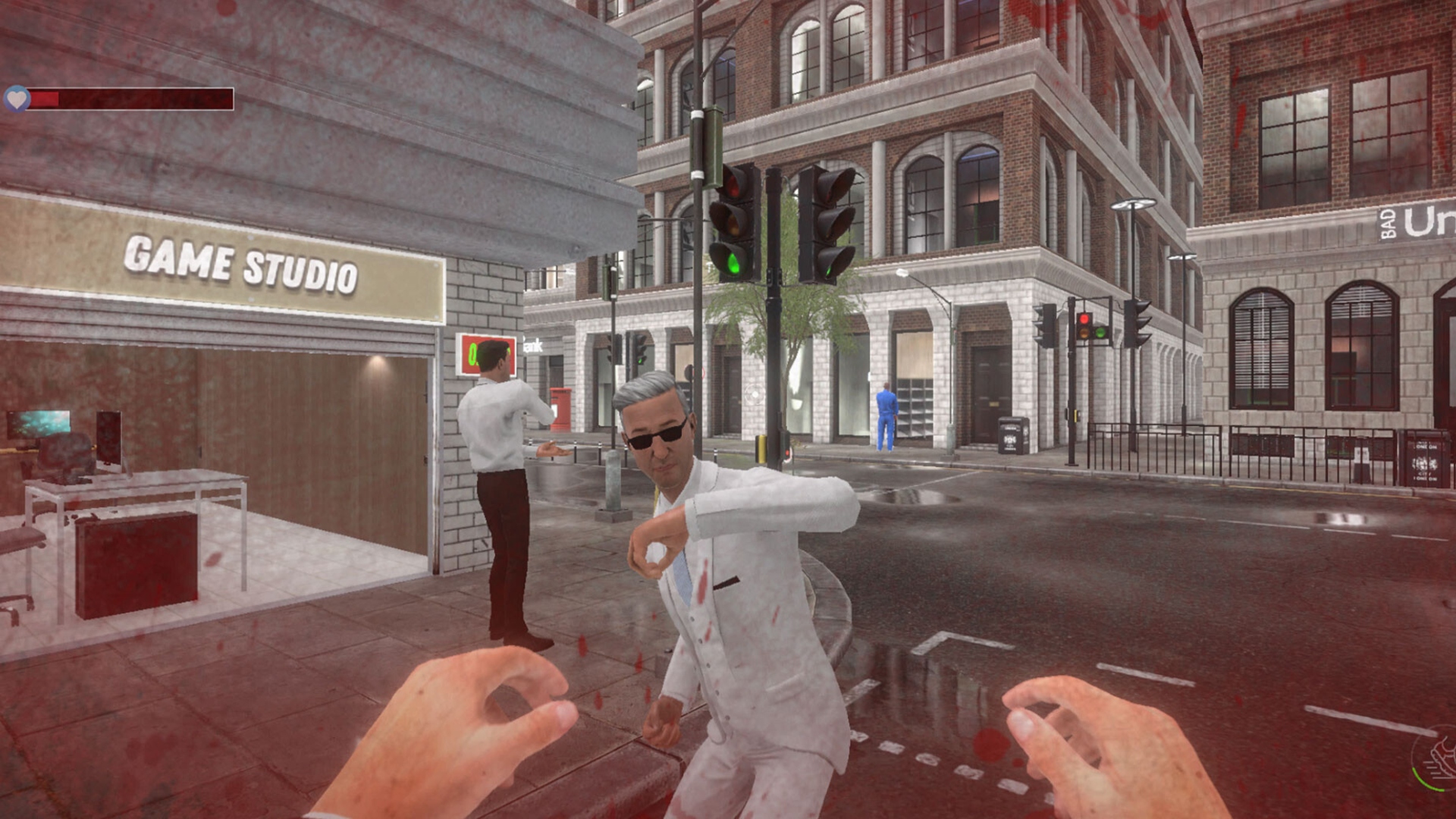 gta-6-parodi-büyük-alma-yaşları Büyük Yaş Almak: Beyaz takım elbiseli bir adamın yumruk atışını gösteren birinci şahıs ekran görüntüsü