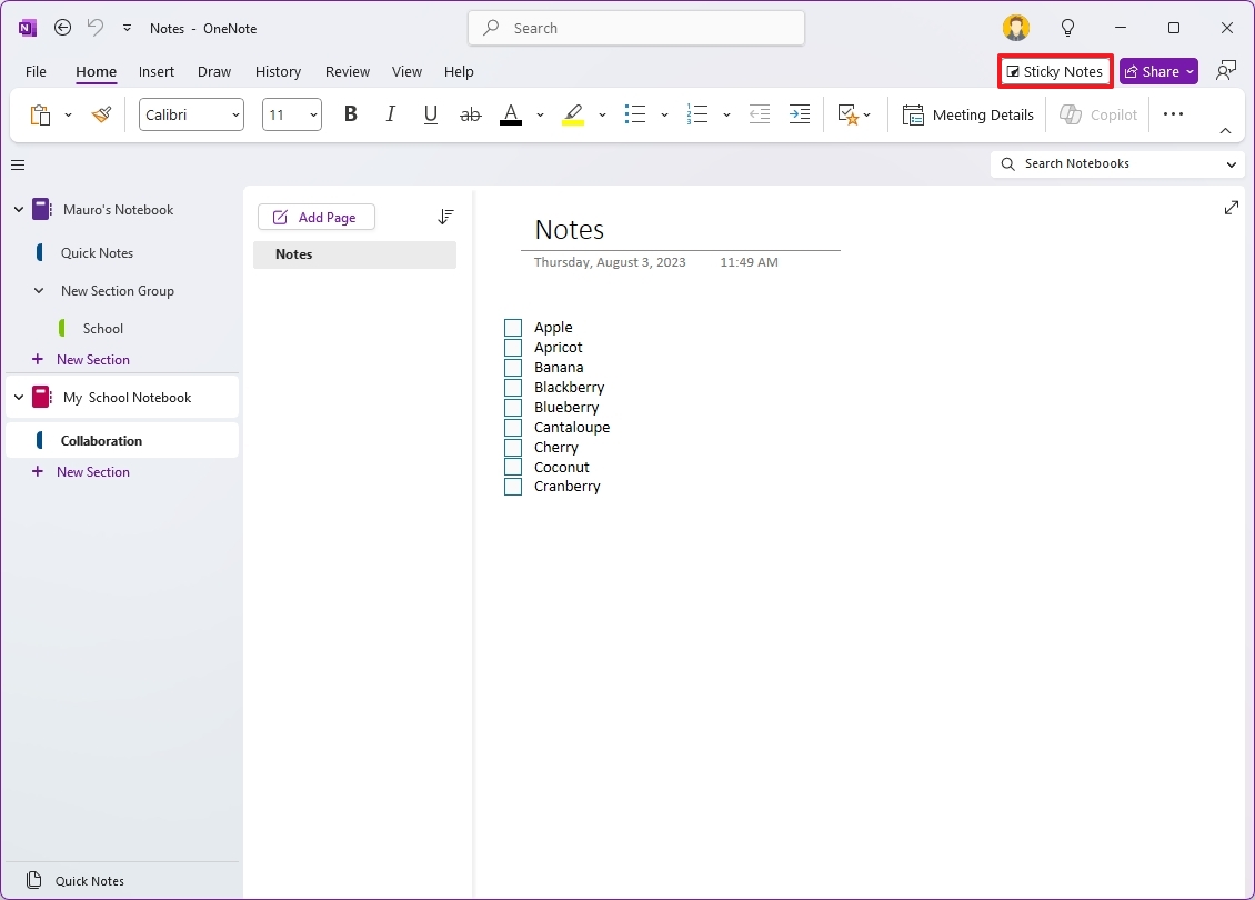 OneNote'ta Yapışkan Notlar